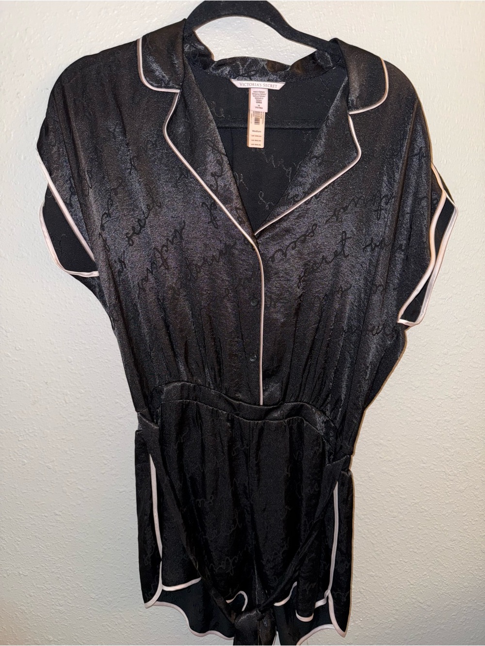 Victoria's Secret Black Satin Romper with Pink Trim